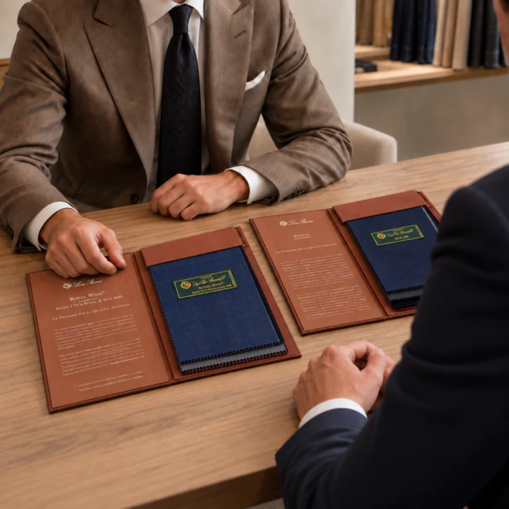 An Enzo Custom clothier and client reviewing Loro Piana fabric books during a private appointment