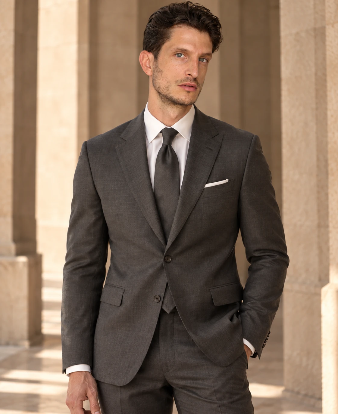 A man in a charcoal suit, white shirt and dark tie against warm limestone