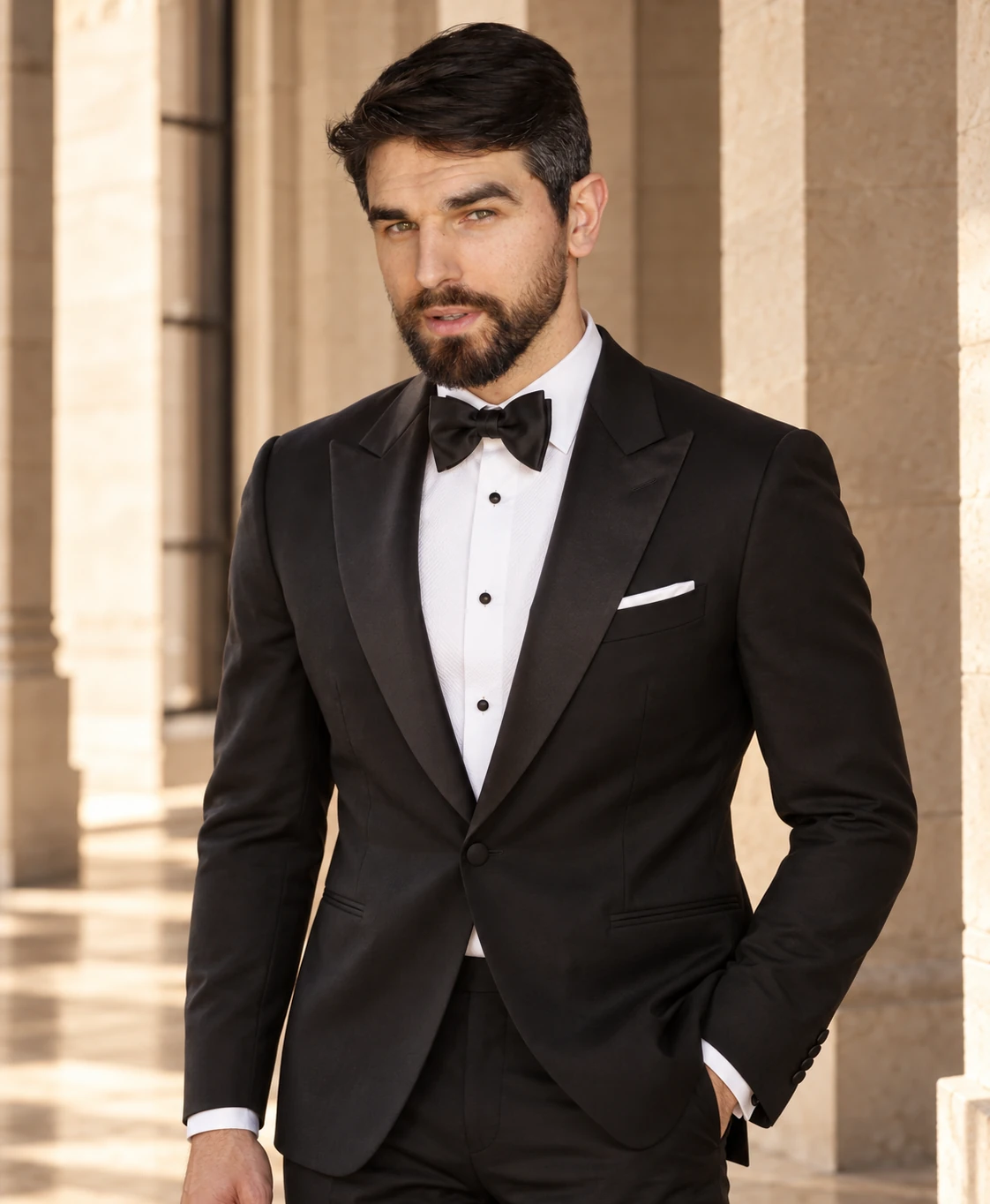 A man in a black peak-lapel tuxedo with a bow tie and shirt studs